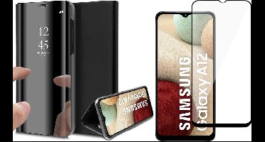 Hoesje geschikt voor Samsung Galaxy A12 - Screen Protector FullGuard - Book Case Spiegel Zwart & Screenprotector