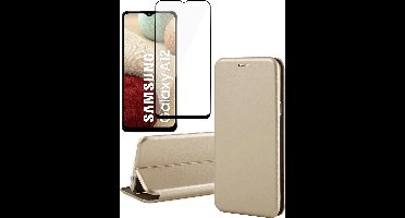 Hoesje geschikt voor Samsung Galaxy A12 - Screen Protector FullGuard - Book Case Kunstleer ThinShield Goud & Screenprotector