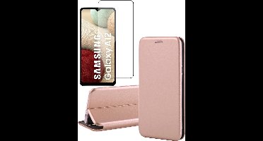 Hoesje geschikt voor Samsung Galaxy A12 - Screen Protector GlassGuard - Book Case Kunstleer ThinShield Roségoud & Screenprotector