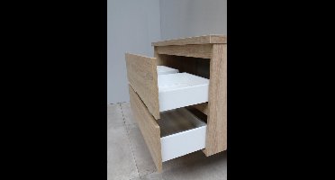 Basic Bella Badkamermeubelset - 80x55x46cm - 1 wasbak - Acryl - Wit - 1 kraangat - Wandspiegel zonder verlichting - MDF Eiken