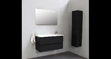 Basic Bella Badkamermeubelset - 100x55x46cm - 1 wasbak - Acryl - Wit - 0 kraangaten - Wandspiegel met verlichting - Melamine Zwart mat