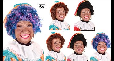 6x Mix Luxe Pieten pruik kroes bruin / krul zwart /regenboog - verstelbare kap en wasbaar - Sinterklaas feest thema feest Sint en Piet