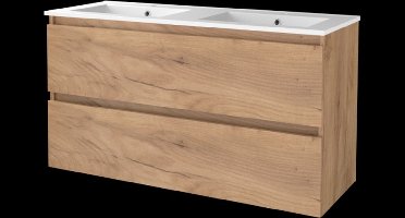 Basic Start 46 badmeubelset met greeploze wastafelonderkast met 4 lades en porseleinen wastafel met 2 kraangaten 120 x 46 cm, whisky oak