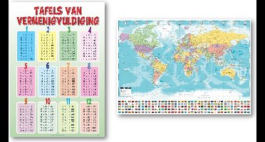 Wereldkaart en Tafels van vermenigvuldiging poster - Set van twee posters - Educatief - Formaat 50 x 70 cm