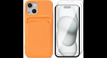 Hoesje Pasjeshouder geschikt voor iPhone 15 Plus - 2x Screenprotector GlassGuard - Siliconen Case Back Cover Oranje & Screen Protector