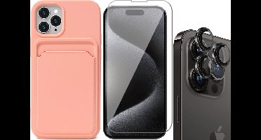 Hoesje Pasjeshouder geschikt voor iPhone 15 Pro - Screenprotector GlassGuard + Camera Lens Screen Protector Zwart - Siliconen Case Back Cover Roze