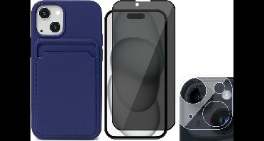 Hoesje Pasjeshouder geschikt voor iPhone 15 Plus - Privacy Screenprotector FullGuard + Camera Lens Screen Protector - Siliconen Case Back Cover Blauw