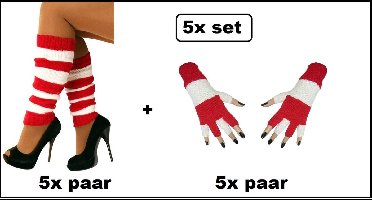 5x Paar beenwarmers + 5x paar vingerloze handschoenen rood/wit - Optocht carnaval thema feest fun festival