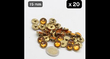 20 Stuks Gemetaliseerde NYLON BIJOUTERIE KNOPEN, Maat 15MM, Op Voetje, Kleur OUDGOUD/ORANJE