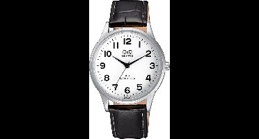 Q&Q C214J304Y - Horloge - Analoog - Heren - Mannen - Leren band - Rond - Metaal - Cijfers - Zwart - Zilverleurig