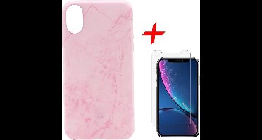 Marmer Hoesje geschikt voor Apple iPhone Xr Siliconen TPU Soft Gel Case Roze + Tempered Glass Screenprotector van iCall