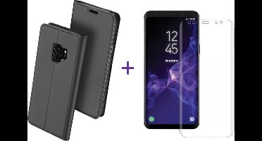 Hoesje geschikt voor Samsung Galaxy S9 Plus - Kunstlederen Wallet Hoesje Grijs met Siliconen Houder - Portemonee Hoesje + Glas PET Folie Screen Protector Transparant 0.2mm