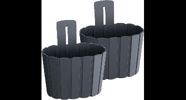 Prosperplast Muur plantenpot/bloempot houtlook - Set van 4x stuks - kunststof - 20 x 15 cm - antraciet - voor binnen/buiten