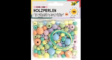 Folia houten parels | pastel | blister van 84 stuks in geassorteerde maten