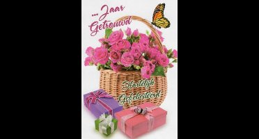 … Jaar getrouwd! Hartelijk gefeliciteerd! Een prachtige kaart met een mand vol bloemen. En niet te vergeten de kleurrijke pakjes. Leuk om zo te geven of om bij een cadeau te voegen. Een dubbele wenskaart inclusief envelop en in folie verpakt.