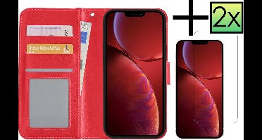 Hoesje - Met 2x Screenprotector - Geschikt voor Apple iPhone 14 Plus - Luxe Pasjeshouder - Bookcase Portemonee - Flip Case - Kunstleer Book Case - Flipcase Hoes - Book Cover - Walletcase - Portemonneehoes - Rood