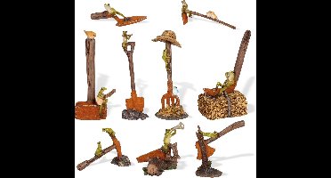MadDeco - set van 9 beeldjes - kikkers met tuingereedschap - polystone - 8 tot 17 cm hoog