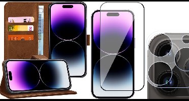 Hoesje geschikt voor iPhone 14 Pro - Book Case Kunstleer Wallet Cover Portemonnee Pasjeshouder Hoes Bruin - Full Tempered Glass Screenprotector - Camera Lens Protector
