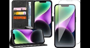 Hoesje geschikt voor iPhone 14 Plus - Book Case Kunstleer Wallet Cover Portemonnee Pasjeshouder Hoes Zwart - Tempered Glass Screenprotector
