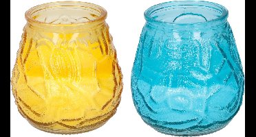 Arti Casa 4x stuks Citronella Lowboy tafelkaarsen 10 cm geel en blauw glas