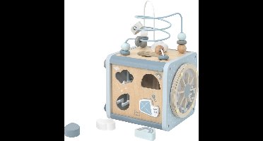 Label Label - 5-in-1 Houten Activiteitenkubus - Blauw/Naturel - FSC Hout - Vormenstoof, Xylofoon, Kralenspiraal & Meer - Stimuleert Hand-Oog Coördinatie en Vormherkenning - Geschikt voor Kindjes vanaf 18 Maanden