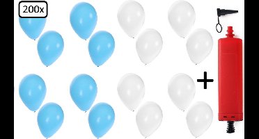 200x Ballonnen lichtblauw en wit + ballonpomp - Ballon carnaval festival feest party verjaardag landen helium lucht thema