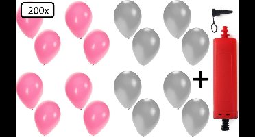 200x Ballonnen roze en zilver + ballonpomp - Ballon carnaval festival feest party verjaardag landen helium lucht thema