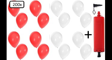 200x Ballonnen wit en rood + ballonpomp - Ballon carnaval festival feest party verjaardag landen helium lucht thema