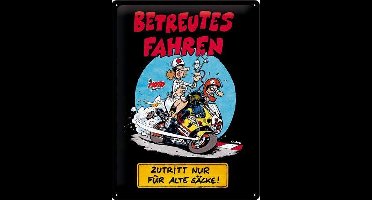 MOTOmania Betreutes Fahren. Metalen wandbord in reliëf 30 x 40 cm.