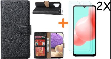Hoesje Geschikt Voor Samsung Galaxy A32 hoesje bookcase Zwart Met screenprotector / 2X tempered glass