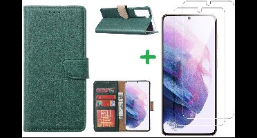 Hoesje Geschikt Voor Samsung Galaxy S21 hoesje bookcase Groen - Hoesje Geschikt Voor Samsung Galaxy s21 hoesje bookcase wallet case portemonnee book case hoes cover hoesjes met 2 stuks Screenprotector