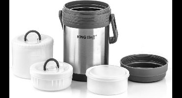 Food Thermos - Roestvrijstalen Lunchbox - 3 Aparte Containers (0,3L + 0,68L + 0,32L) - Dubbelwandig - Warm & Koud Urenlang - 1,5L Totale Capaciteit - Licht & Onbreekbaar