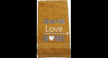 Gastendoekje Oker geel house love home geborduurd wit met grijs