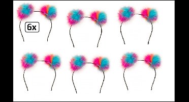 6x Diadeem pluche bol turquoise/roze/oranje - carnaval thema party hoofddeksel haarband oranje  roze optocht