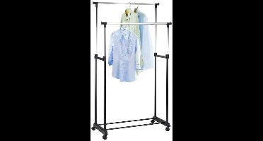 HI Mobiel kledingrek dubbele stang - zwart/chroom - verstelbaar 100 tot 170 cm - met wielen