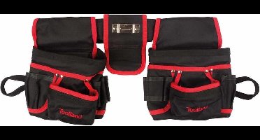 Toolland Gereedschapshouder voor riem, nylon, versterkt met klinknagels, met 2 holsters, meerdere vakken, hamerhouder, zwart/rood