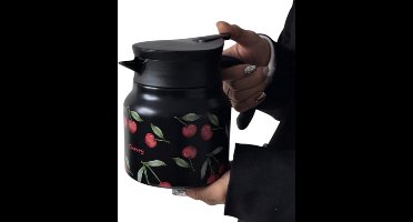 S&E 800ml Roestvrijstalen Dubbelwandige Thermoskan met Kersenbloesemdesign - Zwart