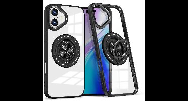 Magsafe Hoesje Geschikt voor iPhone 16 Plus hoesje Zwart Transparant - Met kickstand Draaibare Ring Houder