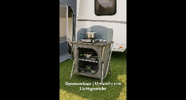 HEM Campingkeuken - opvouwbare campingkast - reiskeuken met hittebestendig werkblad en windscherm - buitenkeuken voor voortent, caravan of autocamping - met opbergvakken en draagtas - grijs