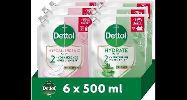Dettol Navulling Handzeep 3 liter - Hypoallergenic (Sensitive) 500ml x3 - Aloë Vera & Bamboe (Hydrate) 500ml x3 - Voordeelverpakking