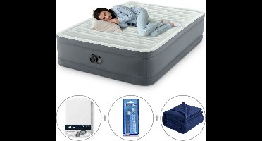 Intex PremAire I luchtbed | Twijfelaar | 191 x 137 x 46 cm | Inclusief bijpassend hoeslaken + reparatiekit + fleece deken