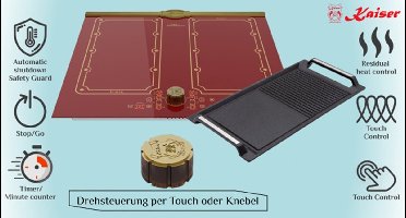 Kaiser - inductie - kookplaat - KCT 6192 FI RotEm incl. grillplaat - inductiekookplaat 60 cm - 8 verwarmingselementen: 4×2 inductiekookzones - FREE ZONE met 2 FLEX inductiezones - Bordeaux keramisch glas met Antiek Goud lijstwerk