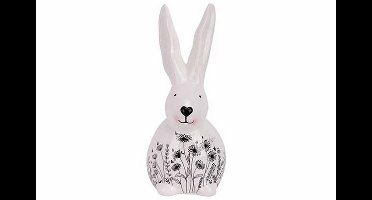 PAASHAAS / KONIJN FLOWERS WIT - ZWART 8,5X7,2XH17CM LANGWERPIG DOLOMIET