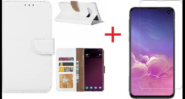 Ntech Hoesje Geschikt Voor Samsung Galaxy S10e portemonnee hoesje - Wit + Screenprotector glas