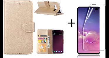 Ntech Hoesje Geschikt Voor Samsung Galaxy S10 Plus Book Hoesje Goud + Folie creenprotector