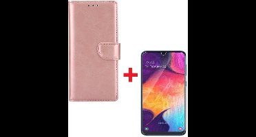 Ntech Hoesje Geschikt Voor Samsung Galaxy A70/A70s Portemonnee hoesje Rose Goud Met Glazen screenprotector