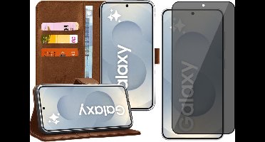 Hoesje geschikt voor Samsung Galaxy S25 Plus - Privacy Screenprotector Volledig Dekkend Glas - Portemonnee Book Case Bruin