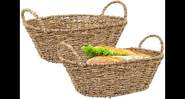 HI Opbergmandje/broodmandje - 2x - gevlochten riet - naturel kleur - 32 x 23 x 10 cm