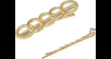 Haarsoires Haarspeld Duckklem en Schuifspeldje 6cm – Ketting Cirkelvorm en Steentje – Goud – Set van 2 - Sterke Haarclip voor Styling & Dagelijks Gebruik - Hair Clip - Decoratieve Haaraccessoire