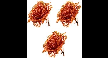 Oranje kanten glitter roos op clip 10 cm - Feestversiering/decoratie